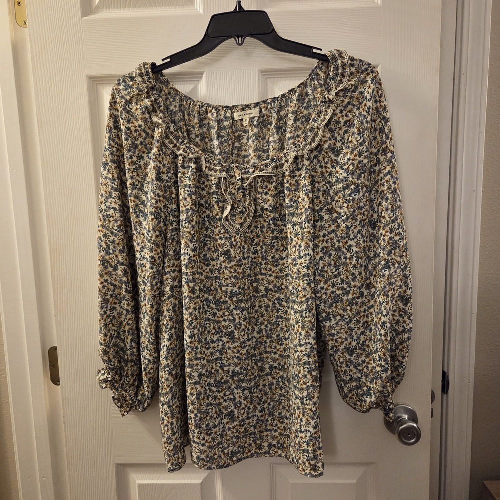 Max Studio 2X ditsy floral balloon‎ slv top boatneck boho peasant garden cottage